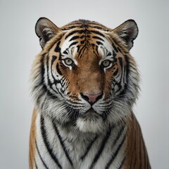 Fototapeta premium Ein hyperrealistisches Porträt eines weißen Tigers, der kraftvoll neben leuchtendem Gletscherwasser rennt, vor einem minimalistischen weißen Hintergrund.