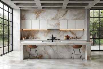 Modern Kitchen Interior with Marble Countertop and Concrete Walls, Minimalist Design Featuring White Cabinets and Wood Chairs.
