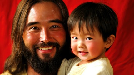 Happy Father Holding His Smiling Child Against Vibrant Red Background in Joyful Portrait