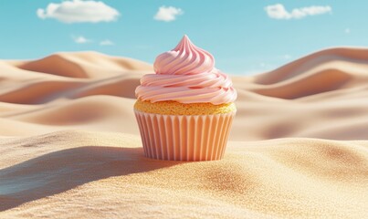 Pink cupcake in desert sand dunes under sunny sky; surreal food photography for websites