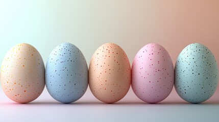 Colorful speckled eggs arranged in a line on a soft gradient background for festive decoration