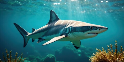 Fototapeta premium A graceful shark glides through the ocean's depths, sunlight illuminating its sleek form and the vibrant coral below