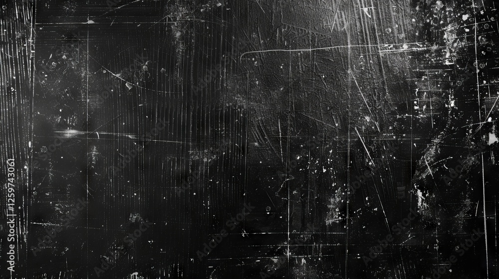 Aufkleber black scratched grunge background with distressed film texture and spacious empty area for text or d
