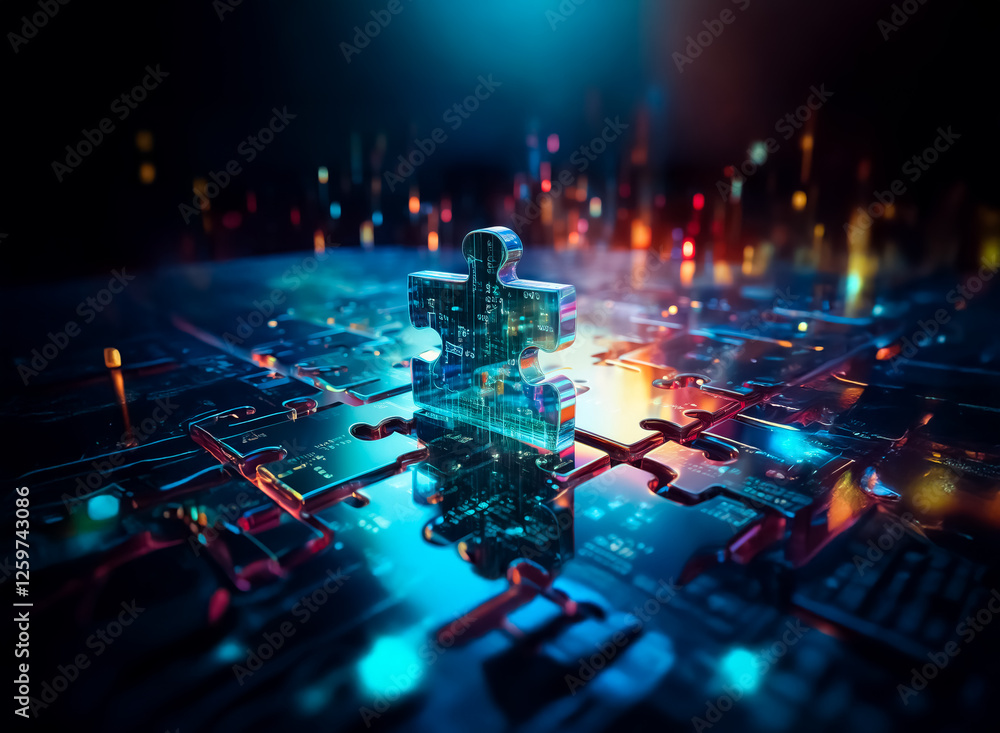 Poster A glowing puzzle piece stands out on a detailed circuit board, symbolizing connection and technology in a vibrant, futuristic, and abstract composition.