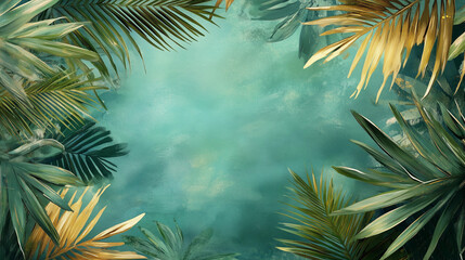 Tropical jungle leaves with golden and green tones forming a natural frame on a soft turquoise background – exotic summer botanical design for nature-inspired projects. Space for text
