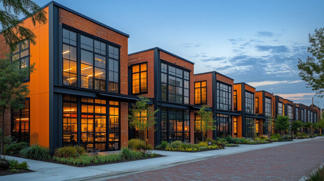 Industrial buildings in an urban redevelopment area, blending historic and modern architecture