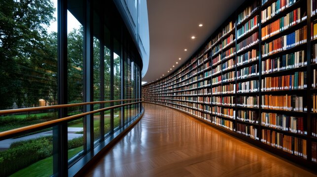 Curved library hallway with wooden floor and large windows