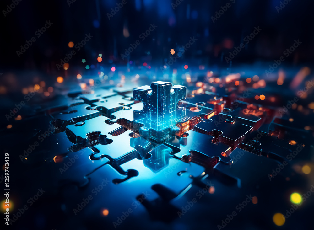 Poster a luminous blue puzzle formation stands out against a dark backdrop, highlighted by soft bokeh light