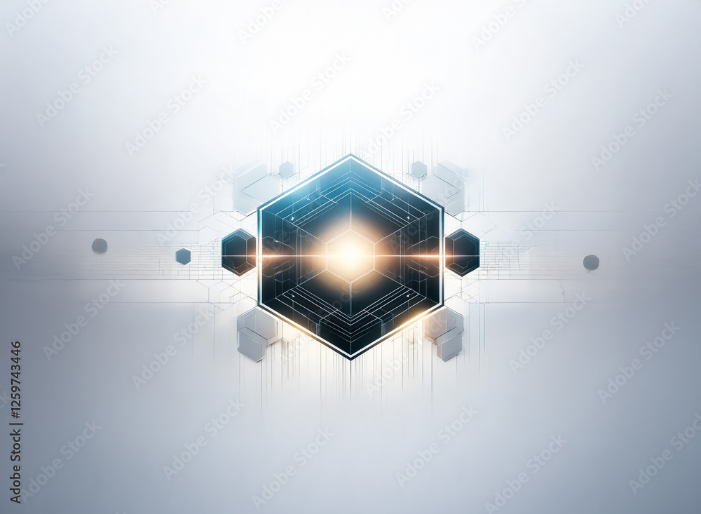 Fototapete a glowing hexagon in the center with geometric shapes around it on a light grey background creates a