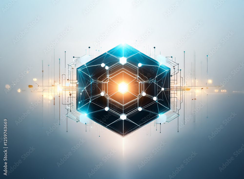 Poster futuristic digital cube with glowing lines and dots forming a network. bright light emanates from th