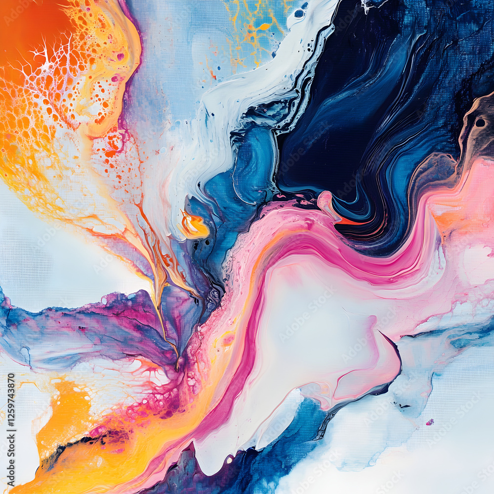 Poster fluid art: a dynamic abstract artwork exploding with a riot of color, the brushstrokes creating a sy