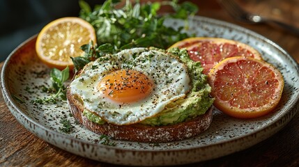 Delicious breakfast plate featuring avocado toast with fried egg, citrus slices, and greens