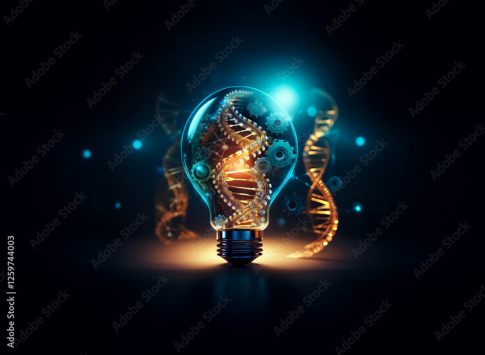 Poster glowing light bulb with dna strand and gears inside, illuminated by particles. symbolizing innovatio