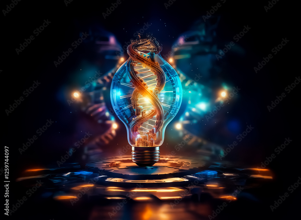 Poster a glowing lightbulb encapsulates a dna strand, illuminated against a dark, futuristic backdrop. it s