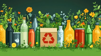 Colorful assortment of recyclable bottles and a cardboard box with recycling symbol among vibrant flowers