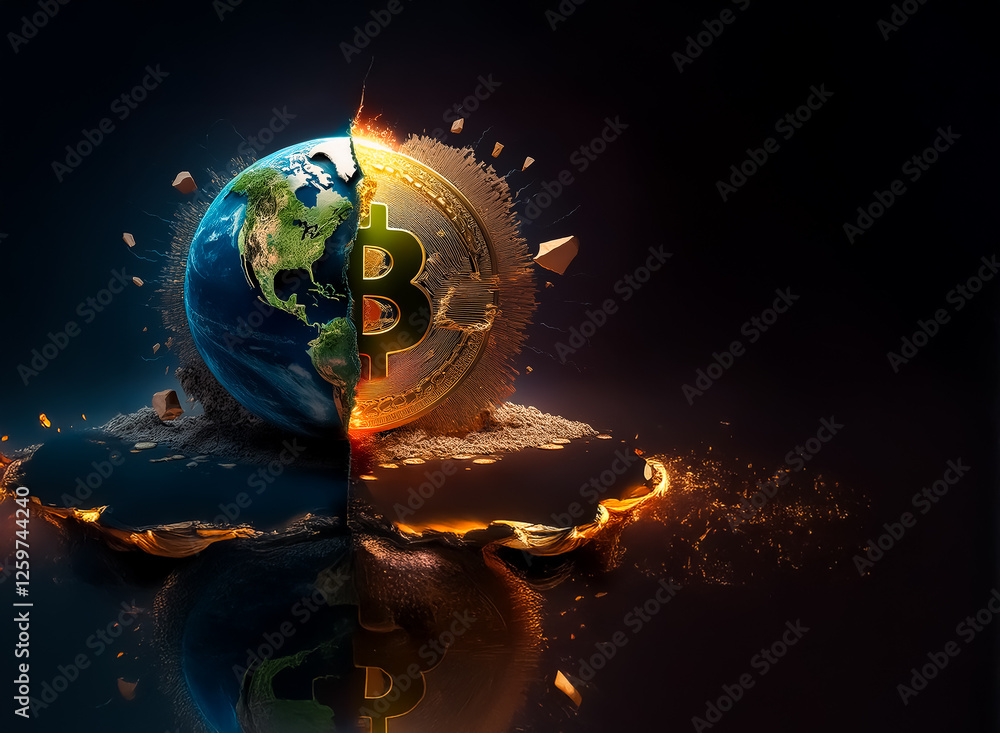 Poster dramatic split globe, half earth and half bitcoin symbol, with shards and fiery effects, representin