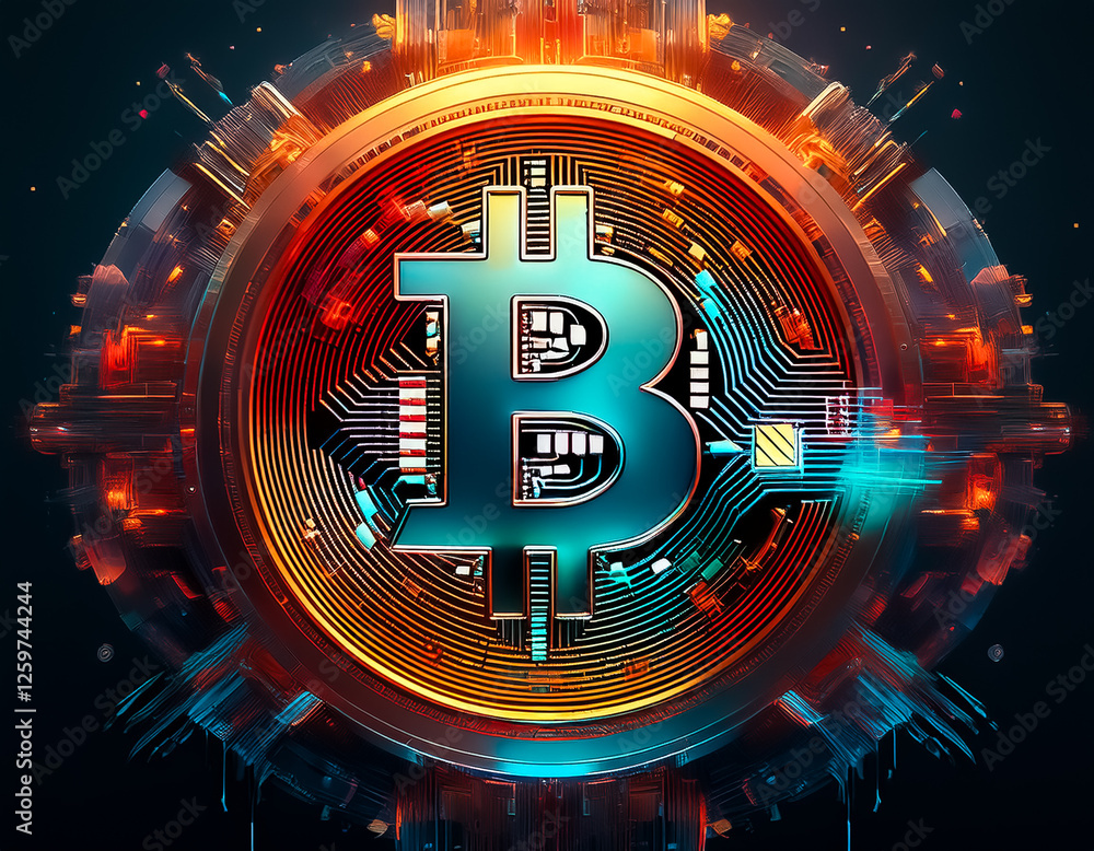 Aufkleber glowing bitcoin symbol with intricate circuit patterns and vibrant orange and blue hues, showcasing 