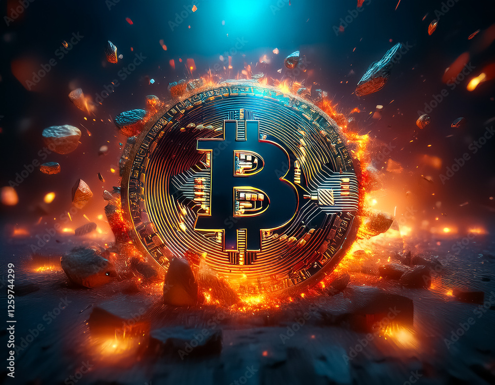 Poster a golden bitcoin coin bursts with fiery energy amidst shattered rocks, symbolizing digital currency 