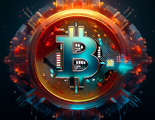 Glowing Bitcoin symbol with intricate circuit patterns and vibrant orange and blue hues, showcasing digital currency and futuristic technology.