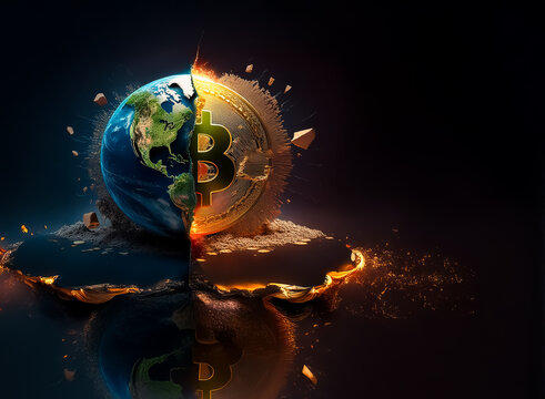 Dramatic split globe, half Earth and half Bitcoin symbol, with shards and fiery effects, representing the powerful merging of global finance and digital currency.