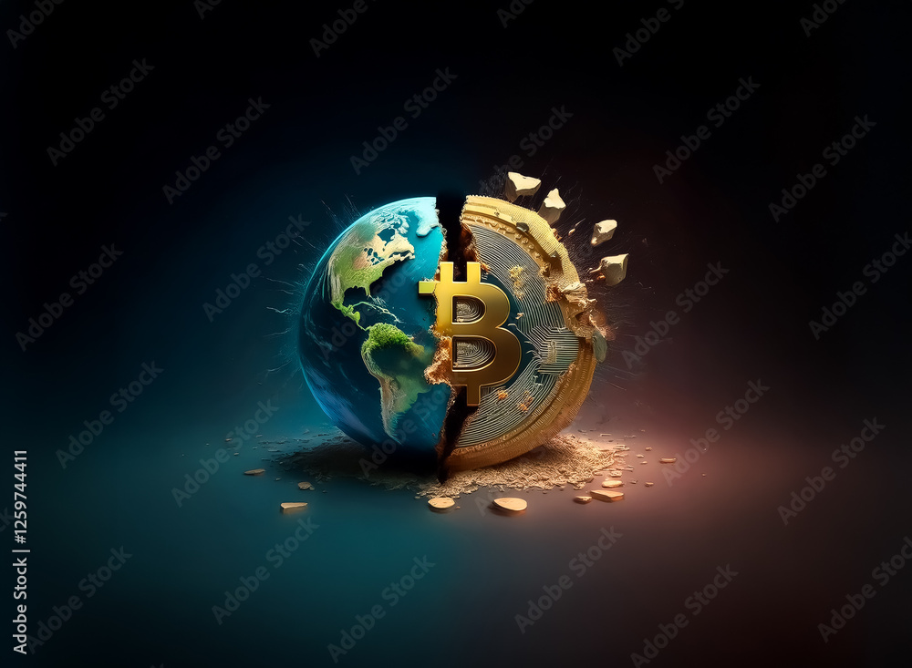 Poster a fractured globe split into halves, one side displaying earth continents, the other a golden bitcoi