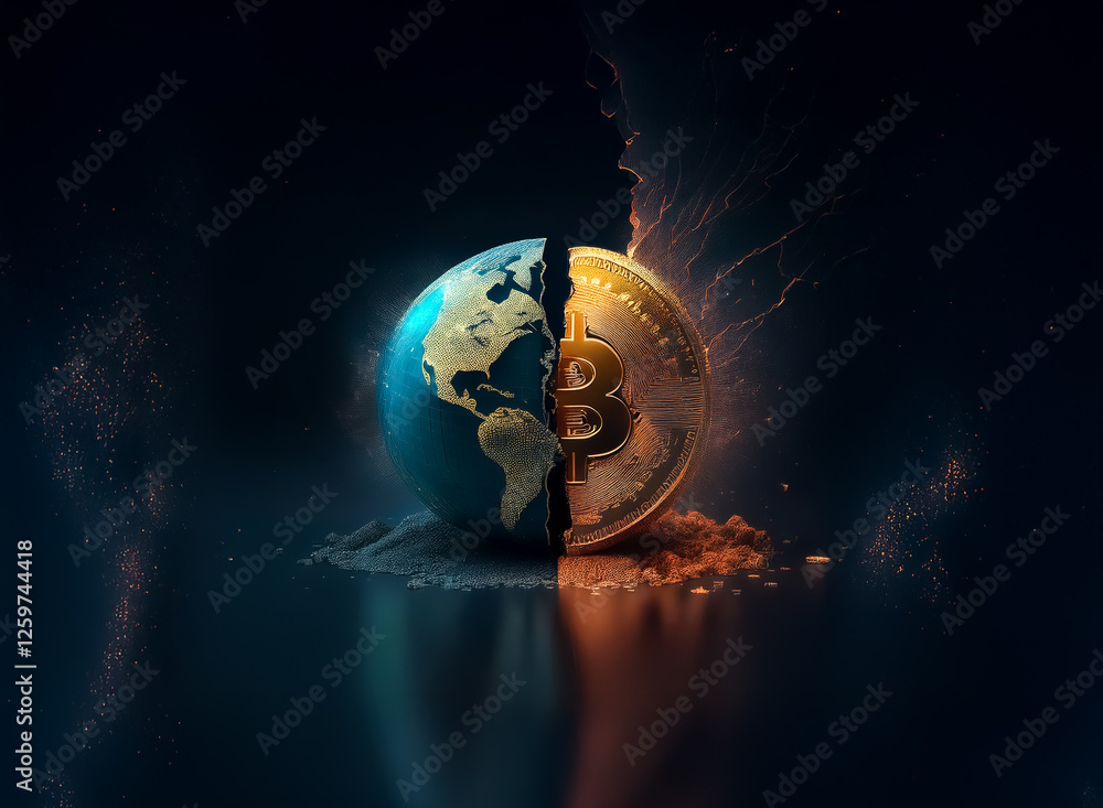 Poster Earth and Bitcoin coin are split by a crack, showing the intersection of global issues and digital currency. Symbolizing modern finance.