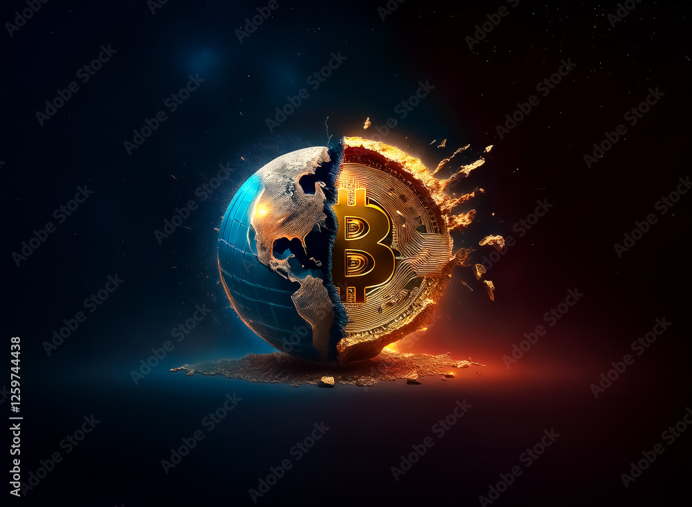 Poster A divided sphere contrasts Earth and a golden coin with fiery disintegration, symbolizing a shift in global finance and digital currency concepts.