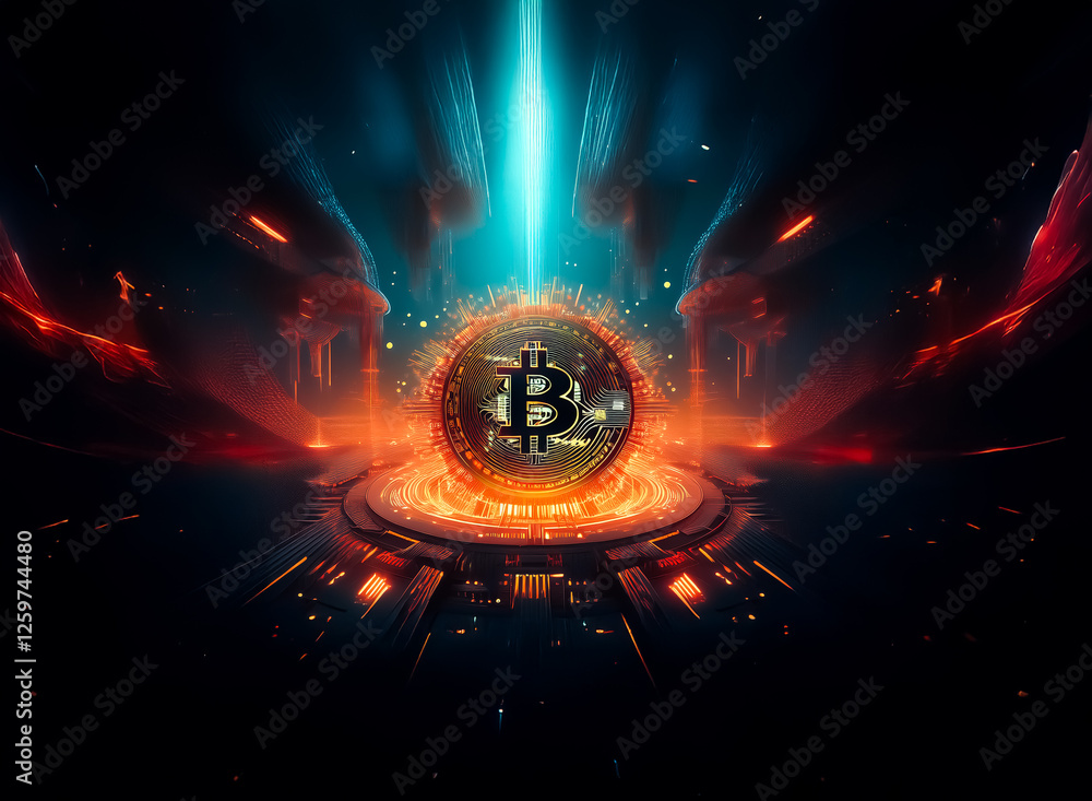 Poster futuristic scene with a glowing digital currency symbol at the center, emanating bright orange light