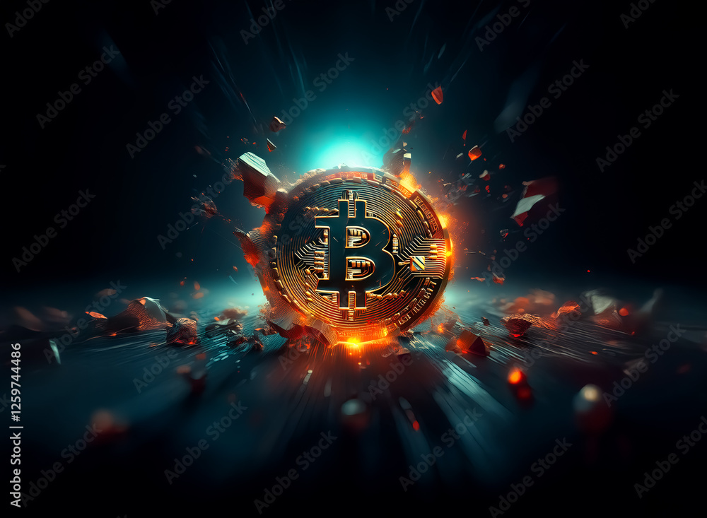 Poster a luminous golden bitcoin coin shatters with force, emitting radiant light in a shadowy backdrop. de
