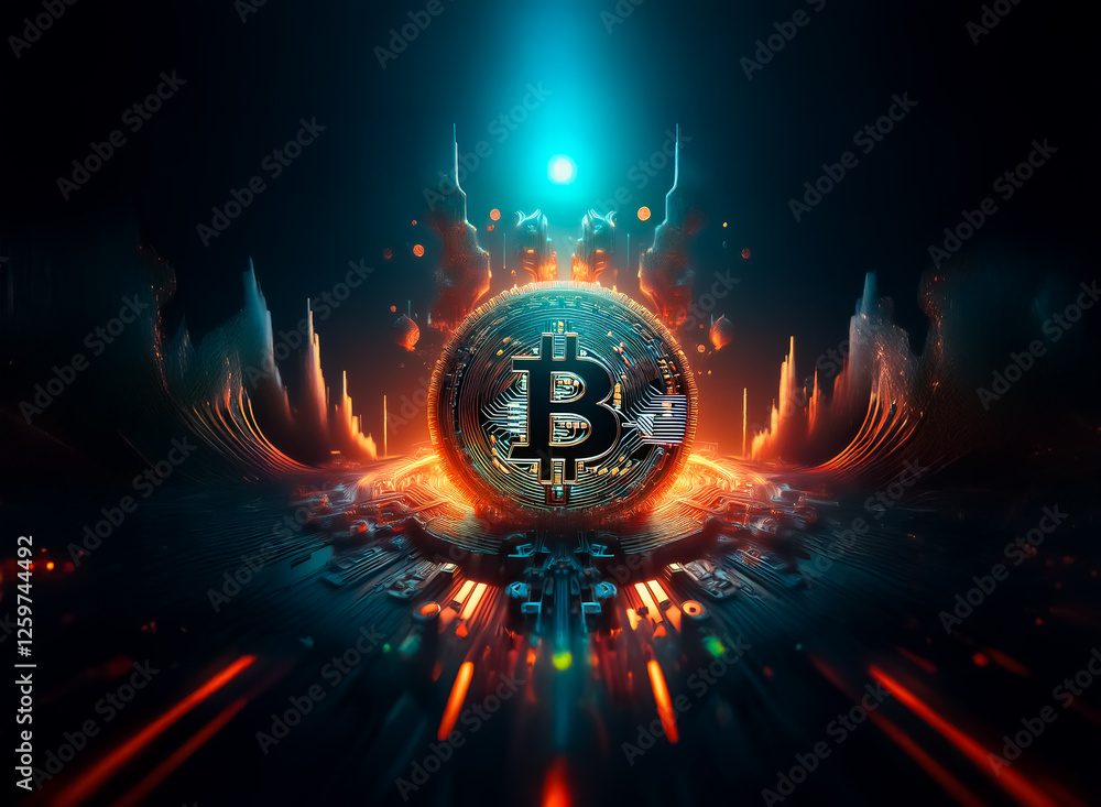 Poster Futuristic digital icon glowing with energy. Orange and blue lights on dark backdrop. Dynamic and abstract visual style.