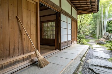 Bamboo broom outside traditional Japanese house. Zen lifestyle