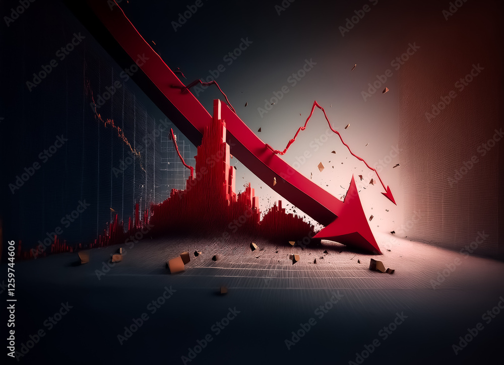 Fototapete a large red arrow forcefully crashes downwards, breaking through a surface, with a graph hinting at 