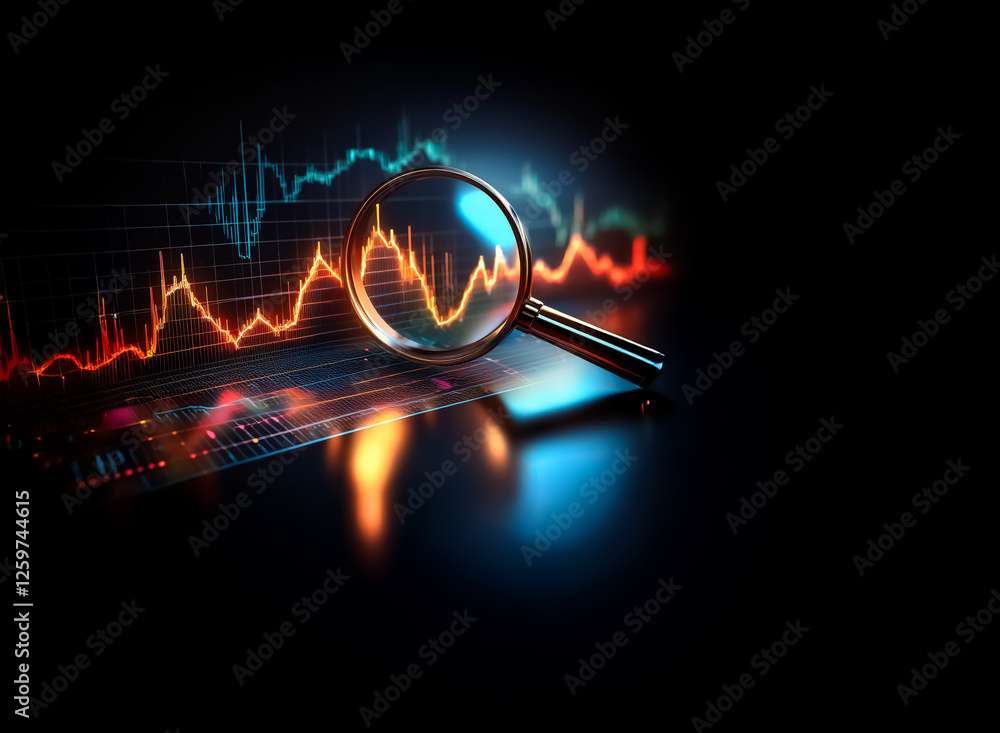 Poster a magnifying glass hovers above a vibrant graph with red and blue lines on a dark reflective surface