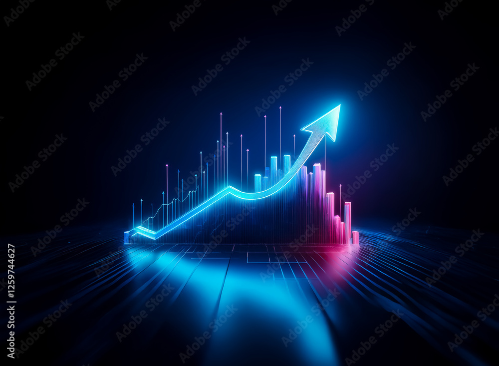 Aufkleber futuristic neon arrow and bar graph display rising growth. glowing cyan arrow points upwards along p