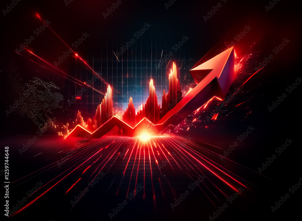 Poster vibrant red arrow dynamically ascends against a dark backdrop with radiating light effects, suggesti
