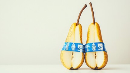 Two Yellow Pears Tied Together with Blue Ribbon on a Minimalist Surface
