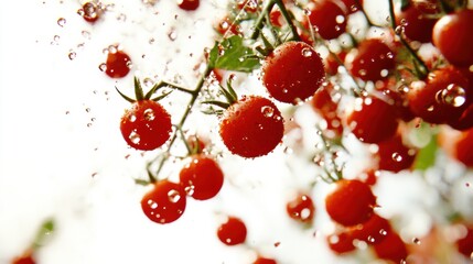 Fresh Red Tomatoes with Water Droplets Splashing Against a Bright White Background