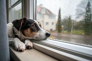 Obraz na płótnie Canvas dog lie sadly near window sill in rainy day