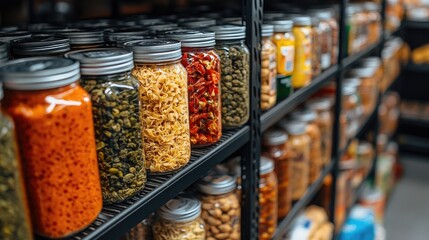 Colorful jars filled with various preserved foods on shelves in a grocery store aisle