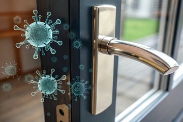 Naklejka premium bacteria float around door handle representing hygiene and infection risk