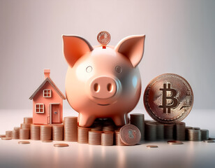 Pink piggy bank on coins with a house and bitcoin. Symbolizes savings, investment in property and digital currency for financial future.