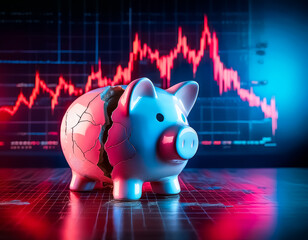 Broken piggy bank symbolizes financial loss with a declining stock market chart in the background, representing economic downturn and investment risk.