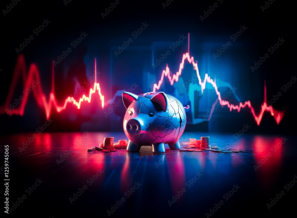 Aufkleber a metallic piggy bank with cracks, surrounded by scattered coins, is positioned in front of a fluctu