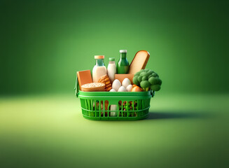 A vibrant green shopping basket is filled with essential grocery items like milk, bread, eggs, and broccoli, set against a bright green backdrop.