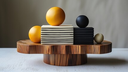 Modern still life composition featuring geometric shapes on a wooden pedestal against a neutral backdrop