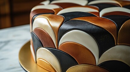 A beautifully crafted cake with intricate patterns in rich colors displayed on a marble surface