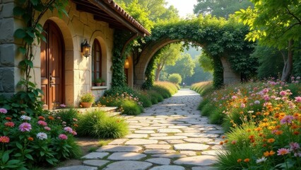 Fototapeta premium Serene Stone Path Archway Leading to a Charming Stone House with Vibrant Flower Gardens