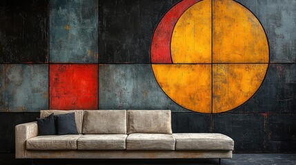 Modern living room featuring a stylish beige sofa against an abstract art wall with vibrant colors