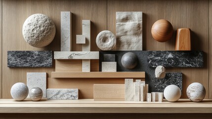 Abstract arrangement of textured geometric shapes on a wooden background, showcasing design elements
