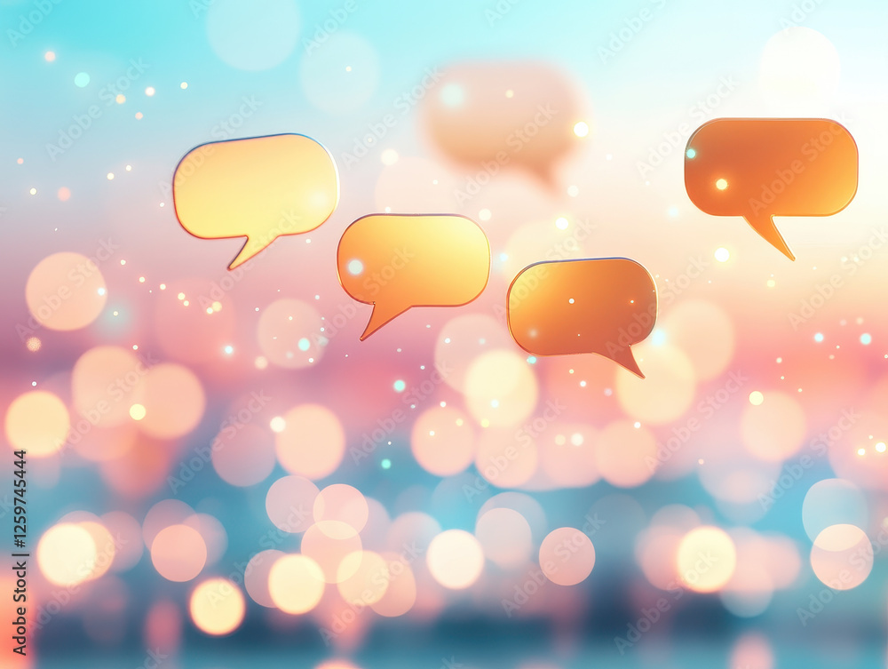 Poster colorful speech bubbles floating in dreamy background create whimsical atmosphere. perfect for commu